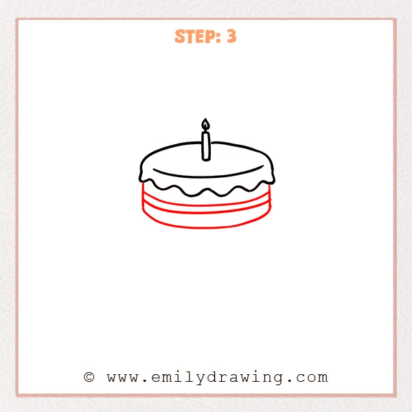 how to draw a cartoon cake - The cartoon cake has a side wall and two curved layer stripes under the dripping frosting.